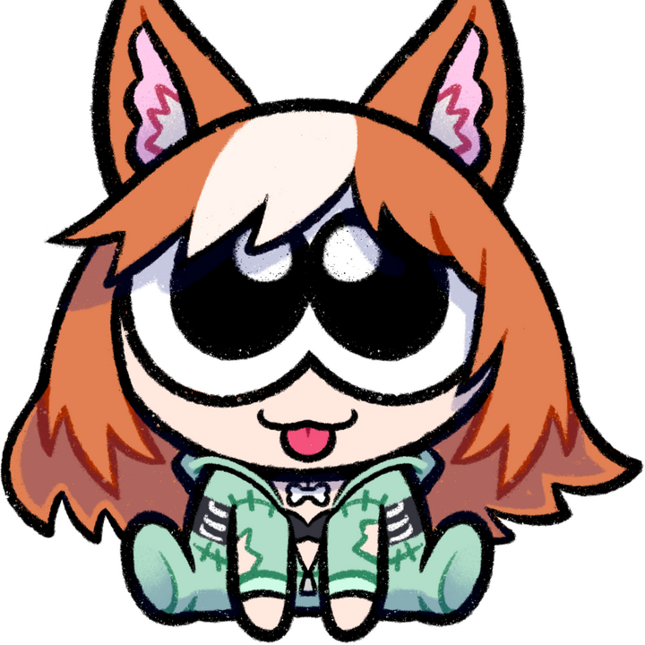 A corgi zombie girl with corgi ears which are light orange with white fluff inside. She has brown short hair and green eyes. The picture shows from her nose up.